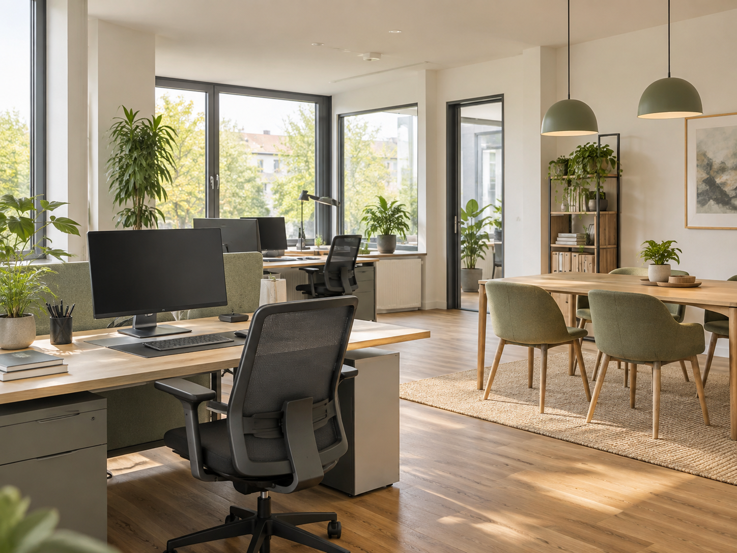 Helles Büro mit aufgeräumten Arbeitsplätzen, KI-Symbolbild