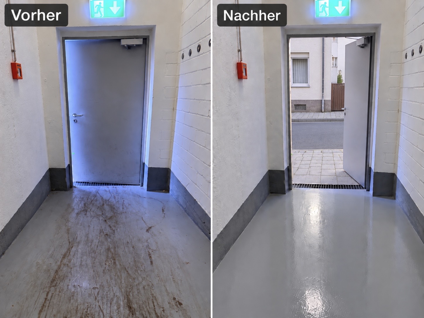 Grundreinigung eines Eingangsbereichs durch Kir Service, vorher und nachher