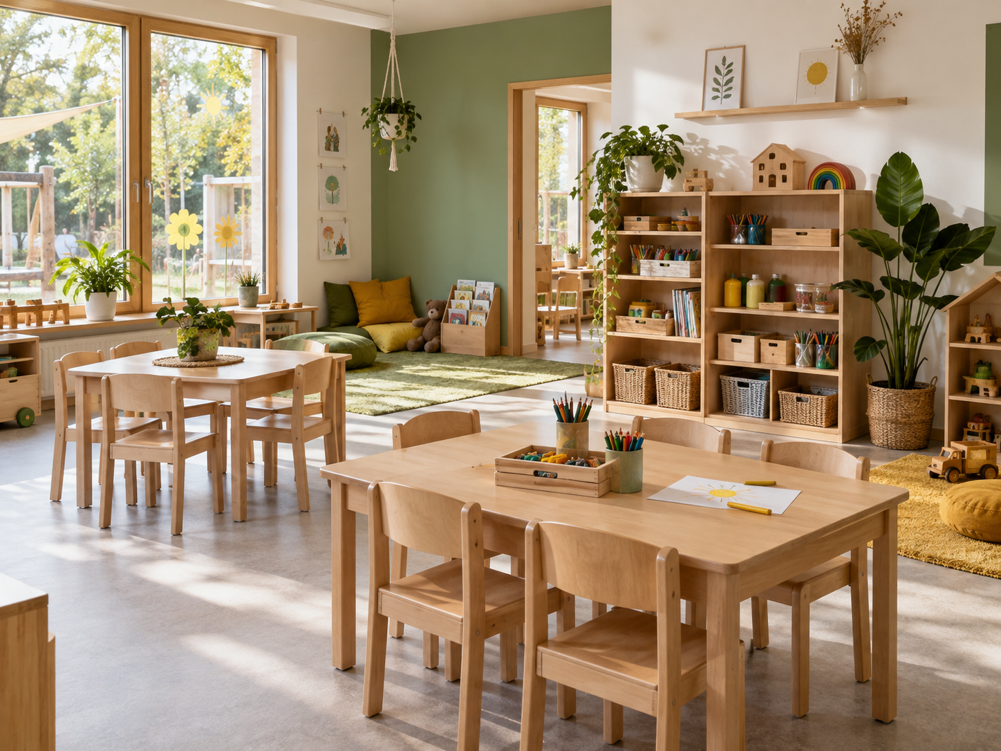 Heller Kita-Gruppenraum mit kleinen Tischen und Holzregalen, KI-Symbolbild