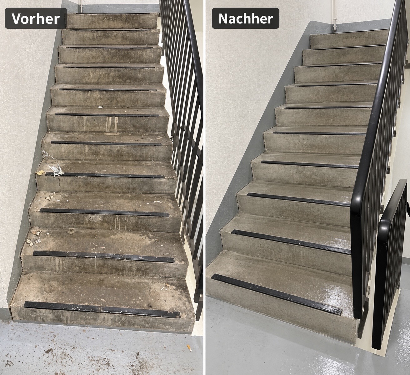 Treppenreinigung durch Kir Service im Vorher-Nachher-Vergleich
